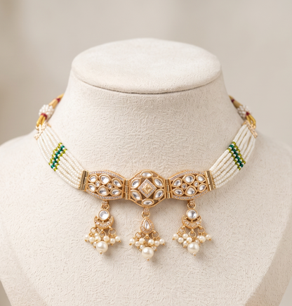 Royal Moissanite Uncut Polki Choker Necklace Set with Pearl Strands & Matching Earrings