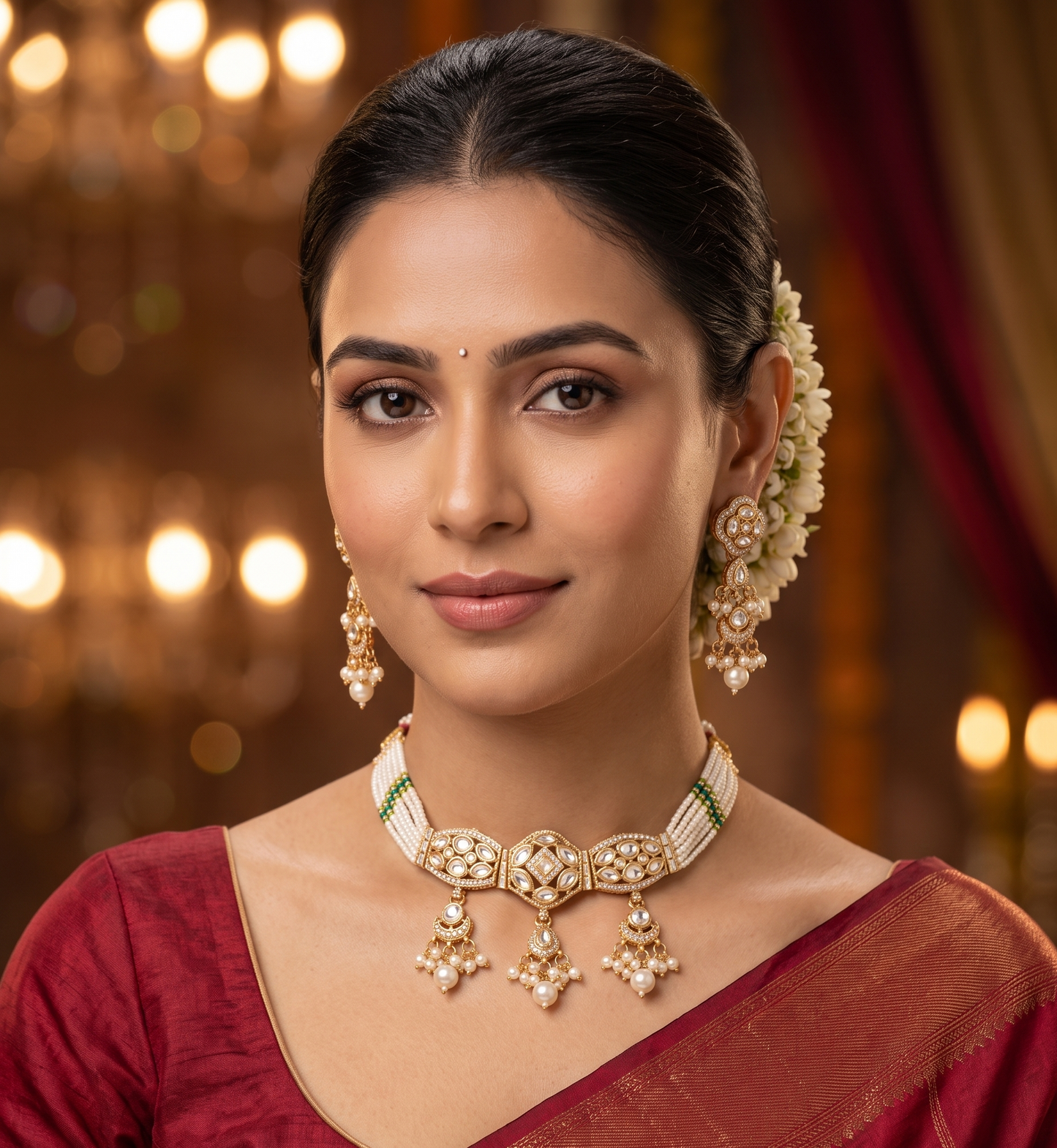 Royal Moissanite Uncut Polki Choker Necklace Set with Pearl Strands & Matching Earrings
