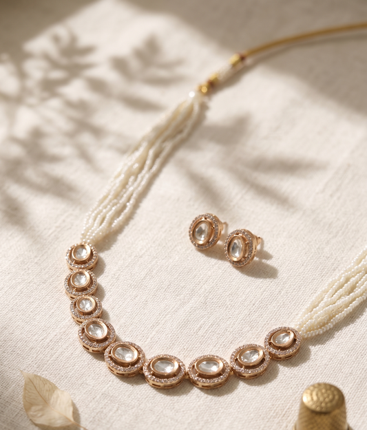 Exquisite Moissanite & Layered Pearl String Necklace Set with Matching Studs