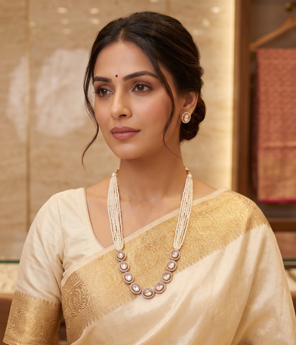 Exquisite Moissanite & Layered Pearl String Necklace Set with Matching Studs
