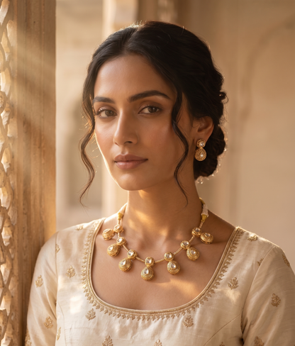 Ethereal Teardrop Kundan Necklace Set in Antique Gold