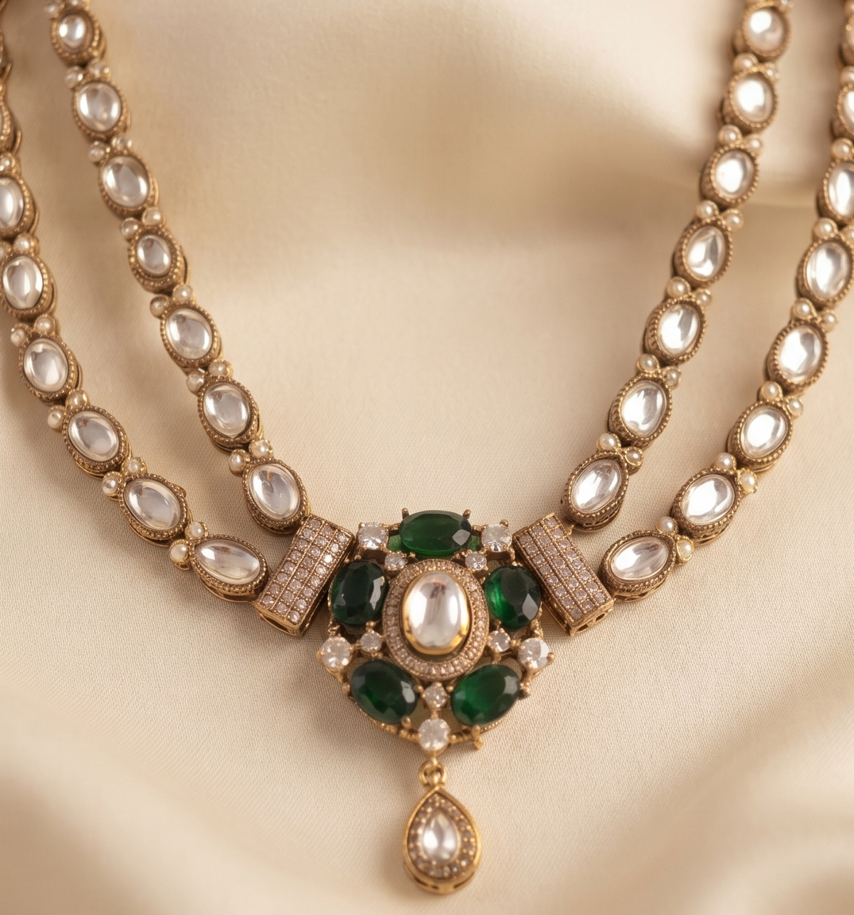 Royal Double-Layered Kundan Necklace Set with Matching Earrings (Available in Emerald Green & Pastel Pink/Mint)
