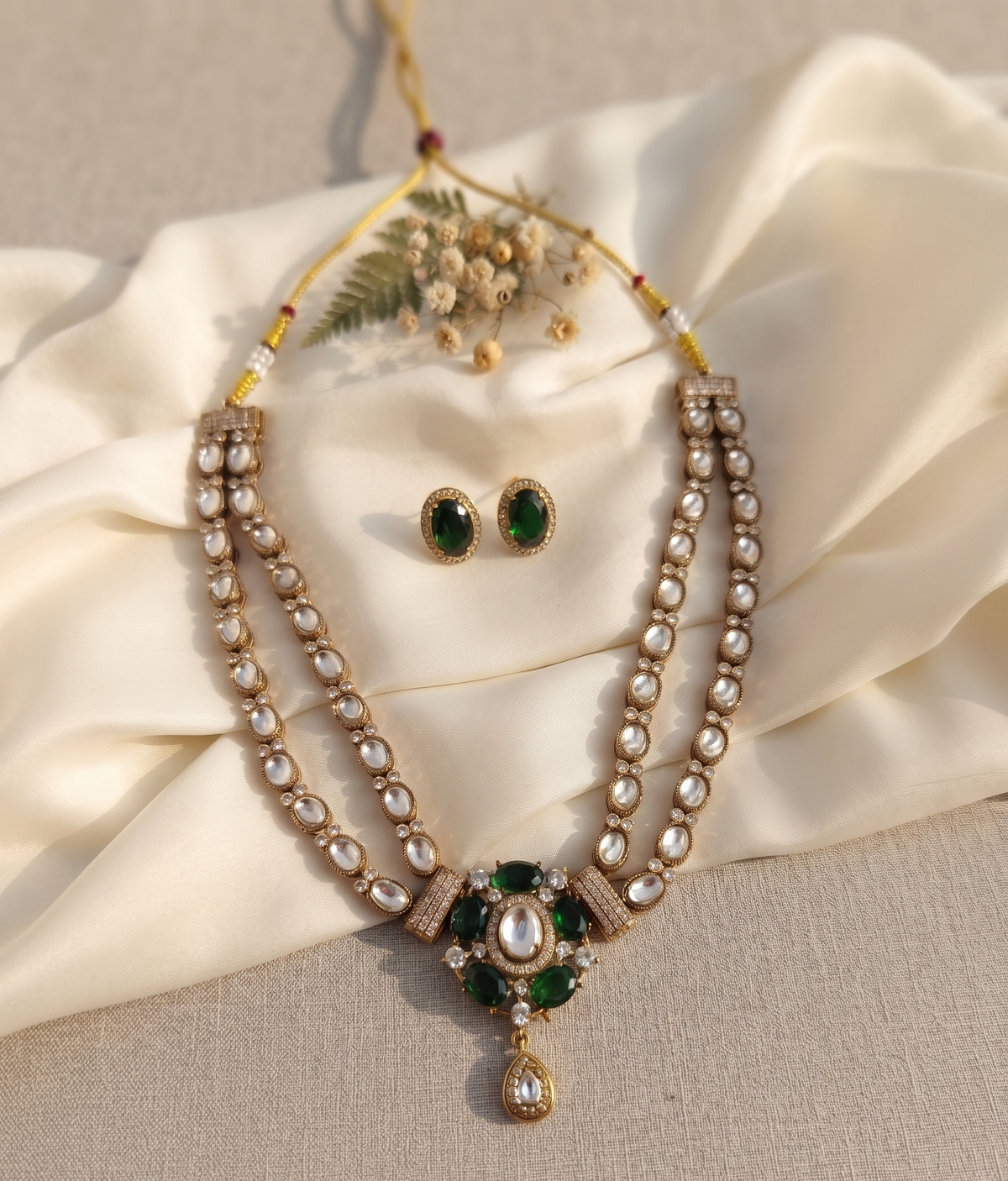 Royal Double-Layered Kundan Necklace Set with Matching Earrings (Available in Emerald Green & Pastel Pink/Mint)