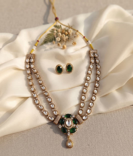 Royal Double-Layered Kundan Necklace Set with Matching Earrings (Available in Emerald Green & Pastel Pink/Mint)