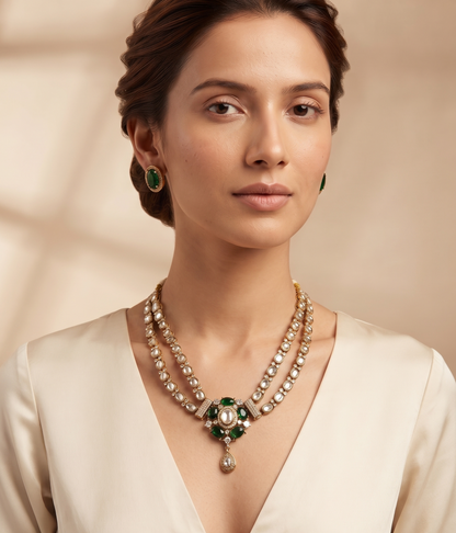 Royal Double-Layered Kundan Necklace Set with Matching Earrings (Available in Emerald Green & Pastel Pink/Mint)