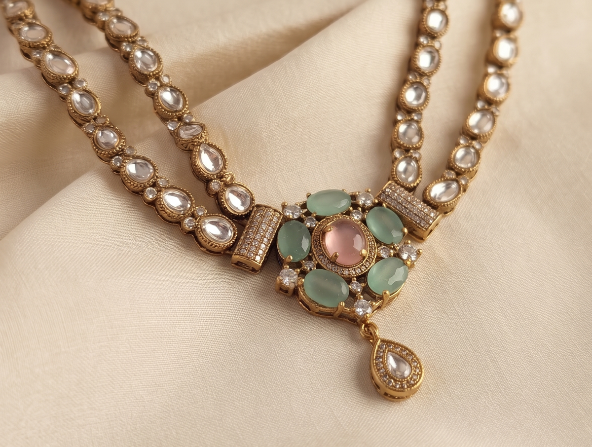 Royal Double-Layered Kundan Necklace Set with Matching Earrings (Available in Emerald Green & Pastel Pink/Mint)