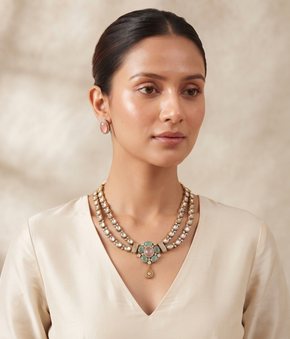 Royal Double-Layered Kundan Necklace Set with Matching Earrings (Available in Emerald Green & Pastel Pink/Mint)