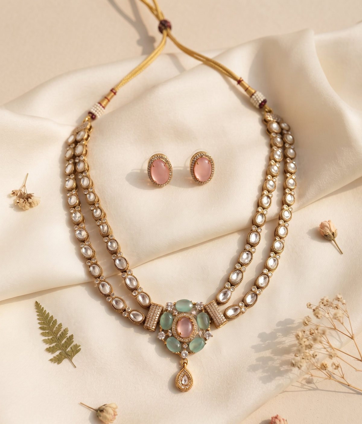 Royal Double-Layered Kundan Necklace Set with Matching Earrings (Available in Emerald Green & Pastel Pink/Mint)