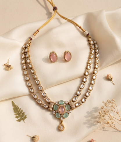 Royal Double-Layered Kundan Necklace Set with Matching Earrings (Available in Emerald Green & Pastel Pink/Mint)