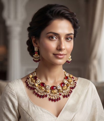Royal Crimson Elephant Motif Antique Gold Choker Set with Polki and Ruby Drops