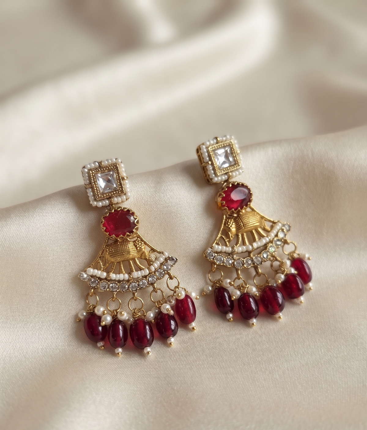 Royal Crimson Elephant Motif Antique Gold Choker Set with Polki and Ruby Drops