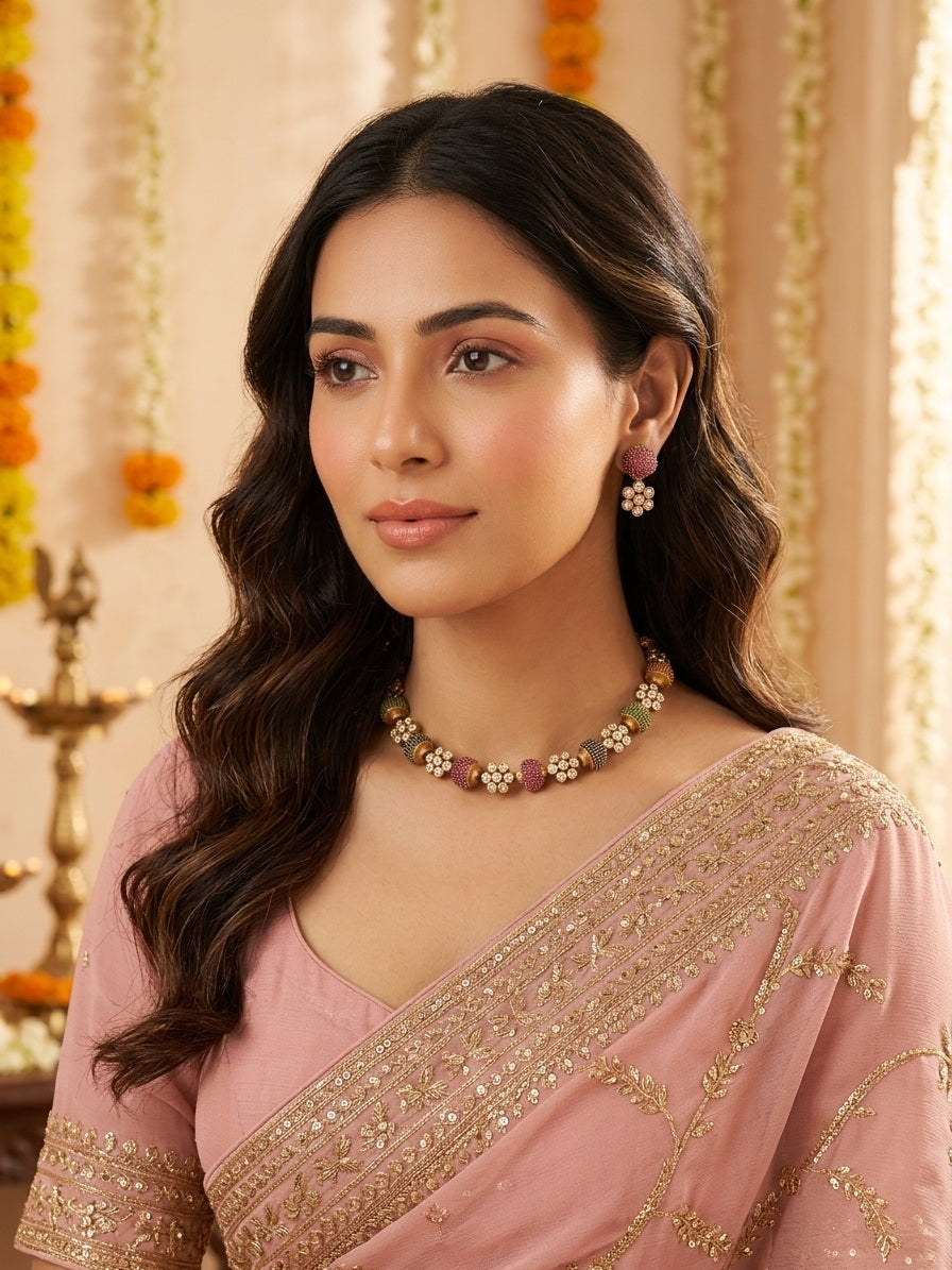 Kundan-Inspired Floral Multi-Color Beaded Choker Set with Earrings