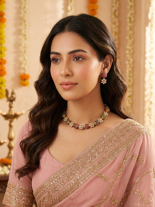 Kundan-Inspired Floral Multi-Color Beaded Choker Set with Earrings