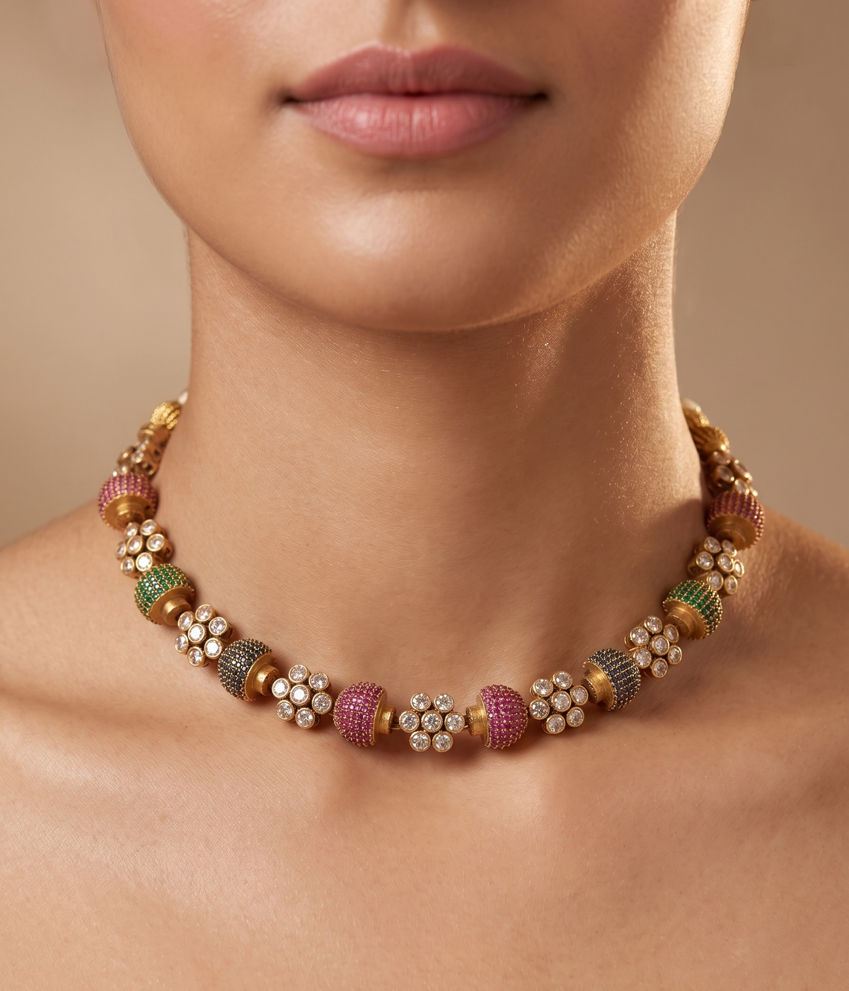 Kundan-Inspired Floral Multi-Color Beaded Choker Set with Earrings