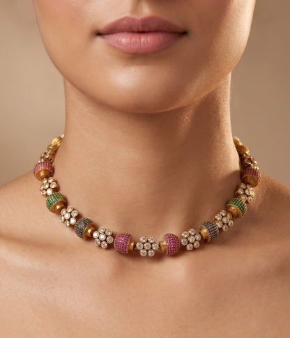 Kundan-Inspired Floral Multi-Color Beaded Choker Set with Earrings