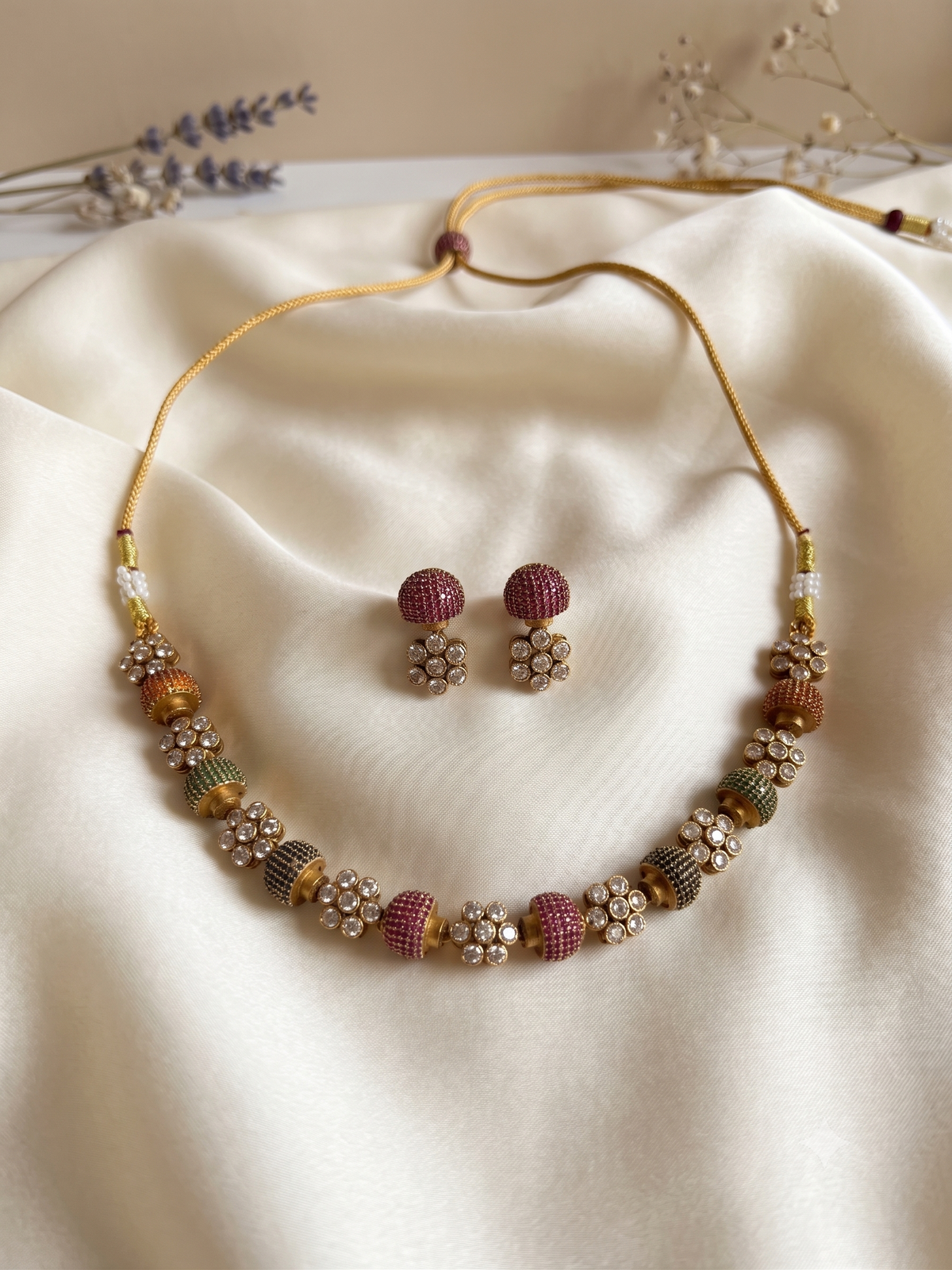 Kundan-Inspired Floral Multi-Color Beaded Choker Set with Earrings