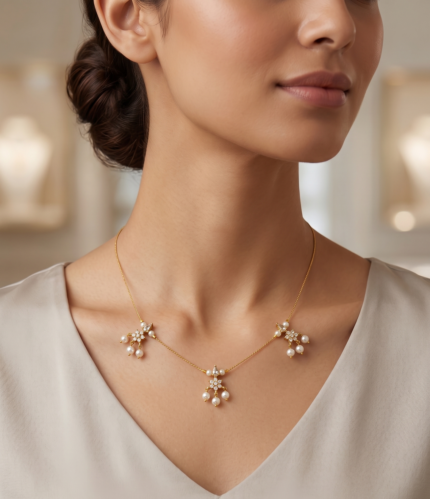 Elegant Invisible Chain necklace with Floral Motif and Pearl Accents