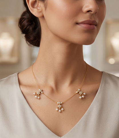Elegant Invisible Chain necklace with Floral Motif and Pearl Accents
