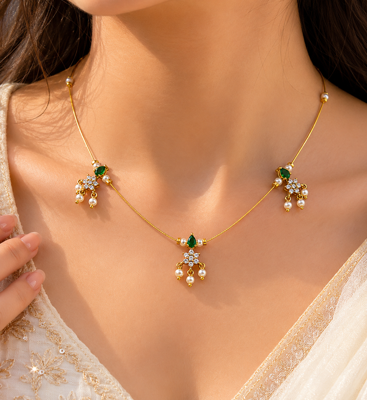 Elegant Invisible Chain necklace with Floral Motif and Pearl Accents