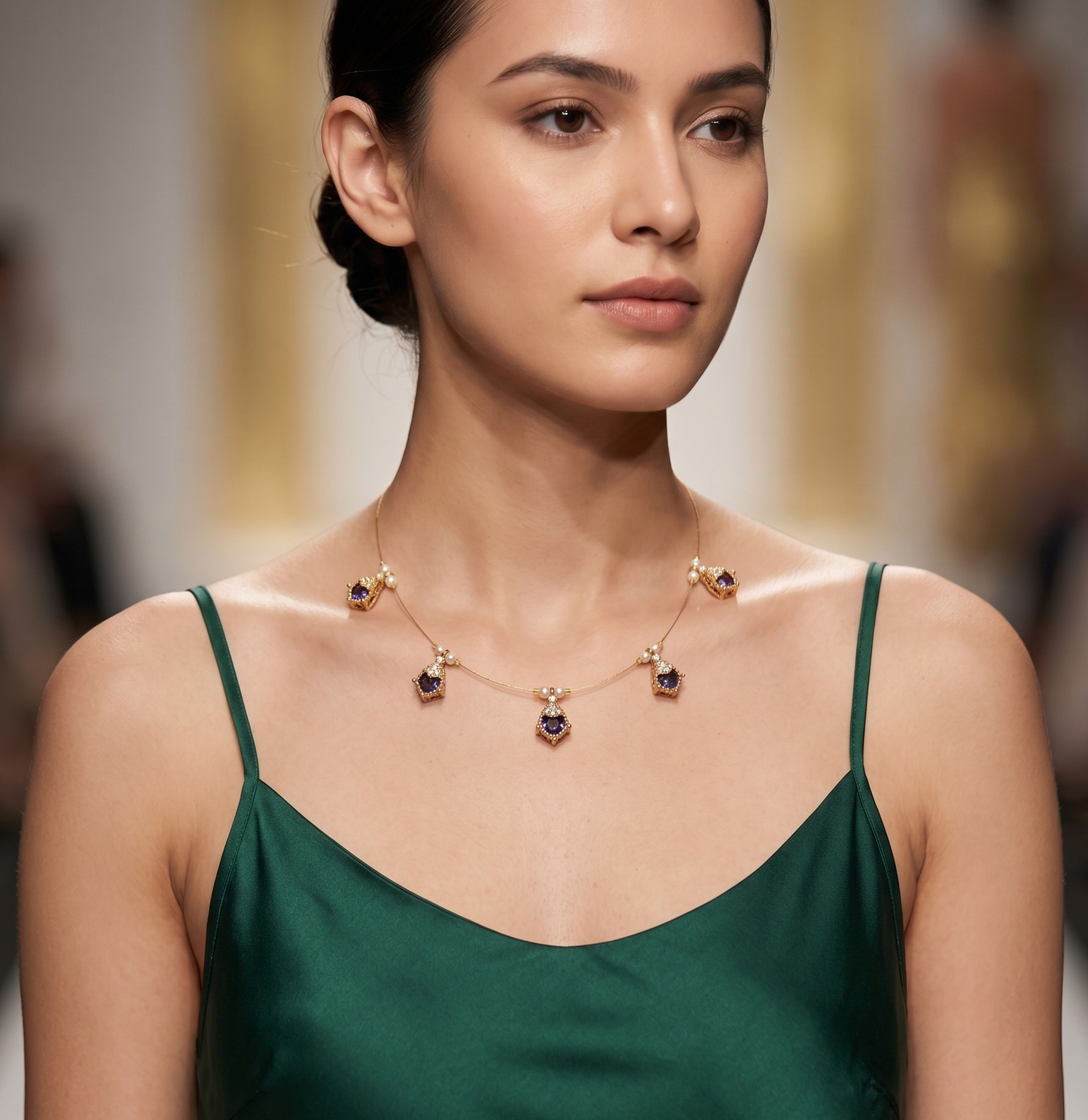 Elegant Floating Stone Invisible Chain Necklace – Minimalist Gold-Tone Embellished invisible chain