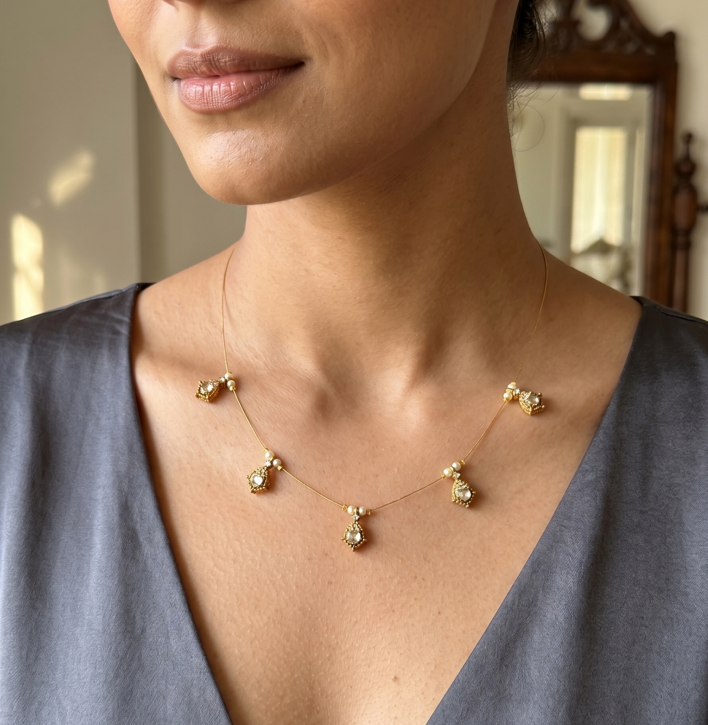 Elegant Floating Stone Invisible Chain Necklace – Minimalist Gold-Tone Embellished invisible chain