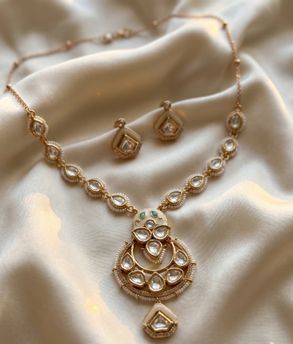 Handcrafted Brass Moissanite & Kundan Polki Pendant Set with Bead Detailing