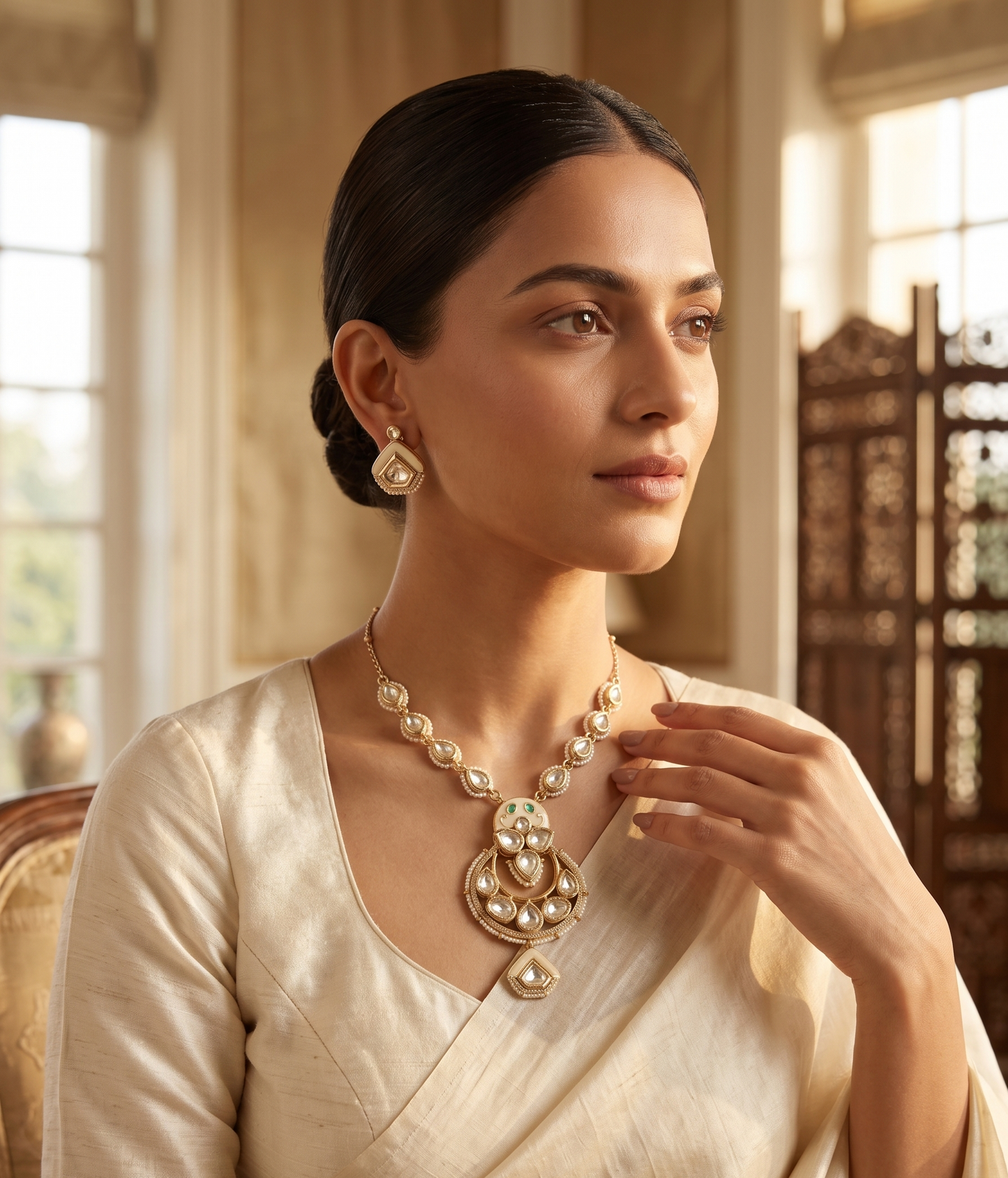 Handcrafted Brass Moissanite & Kundan Polki Pendant Set with Bead Detailing