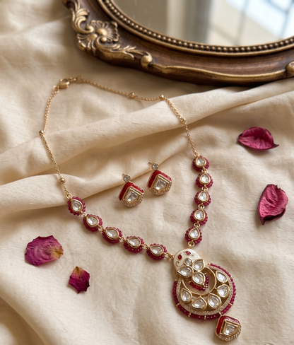 Handcrafted Brass Moissanite & Kundan Polki Pendant Set with Bead Detailing