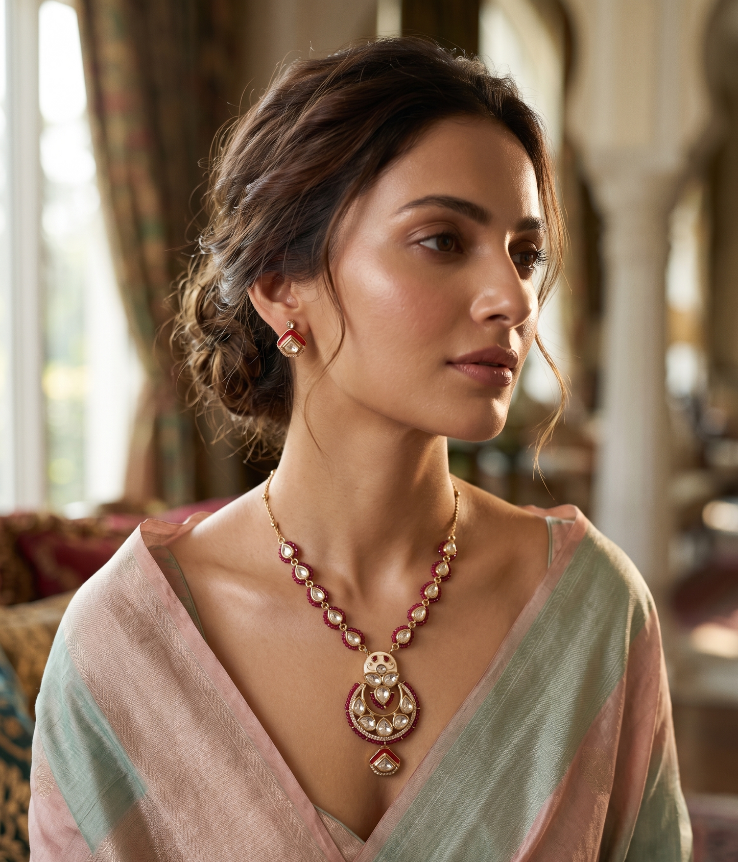 Handcrafted Brass Moissanite & Kundan Polki Pendant Set with Bead Detailing