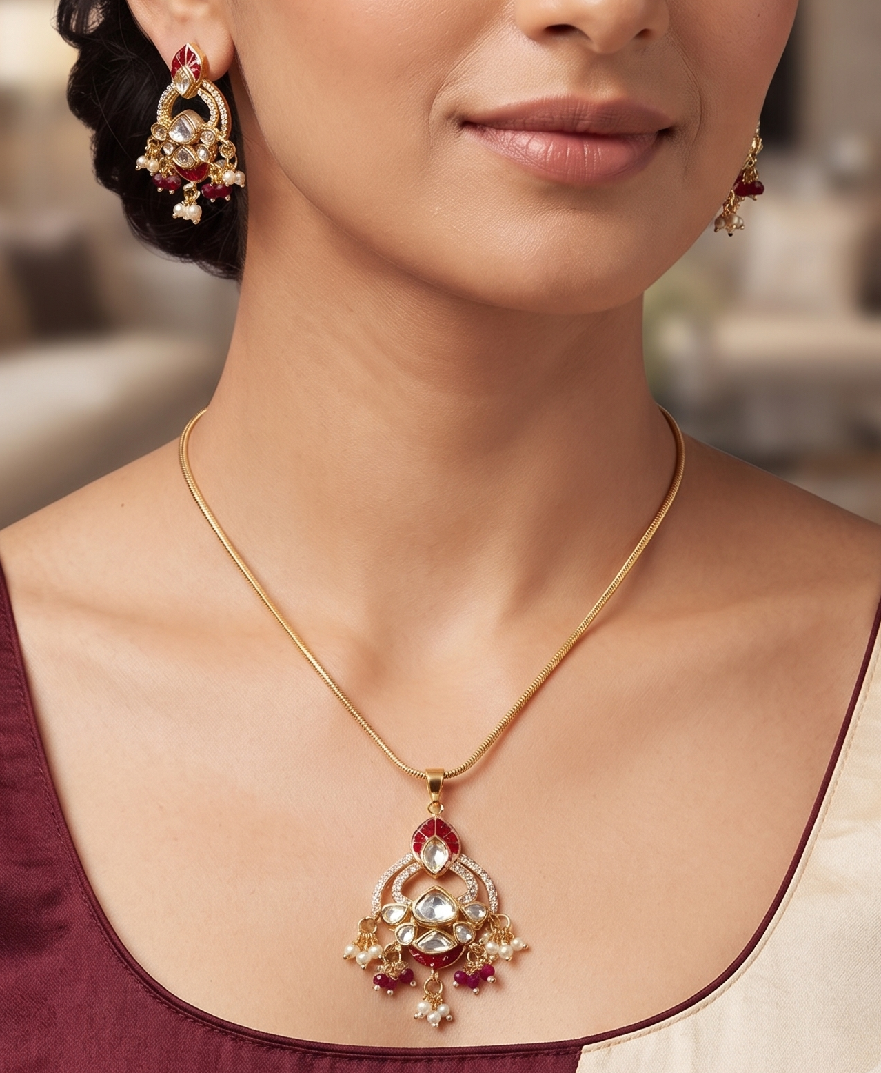 Exquisite Moissanite Stone Chain Pendant Set with Enamel & Pearl Accents