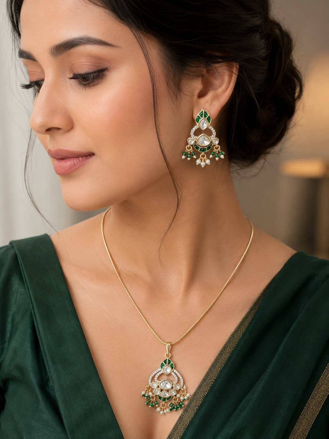 Exquisite Moissanite Stone Chain Pendant Set with Enamel & Pearl Accents