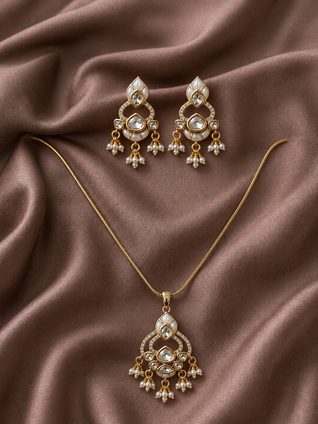 Exquisite Moissanite Stone Chain Pendant Set with Enamel & Pearl Accents