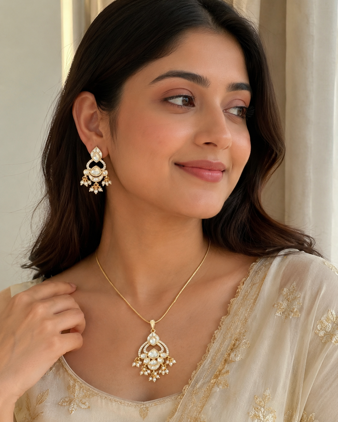 Exquisite Moissanite Stone Chain Pendant Set with Enamel & Pearl Accents