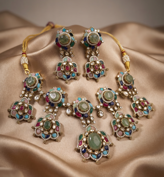 Royal Sabyasachi-Inspired Multigemstone Polki Choker Set with Matching Earrings