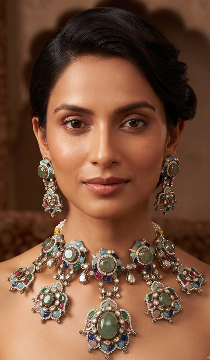 Royal Sabyasachi-Inspired Multigemstone Polki Choker Set with Matching Earrings