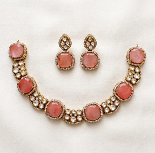 Royal Peach Cabochon & Polki Necklace Set with Matching Earrings | Ratna Riwaz