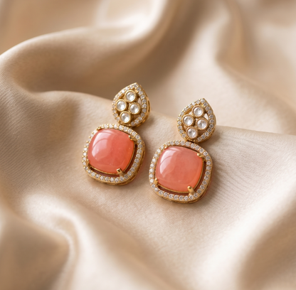 Royal Peach Cabochon & Polki Necklace Set with Matching Earrings | Ratna Riwaz