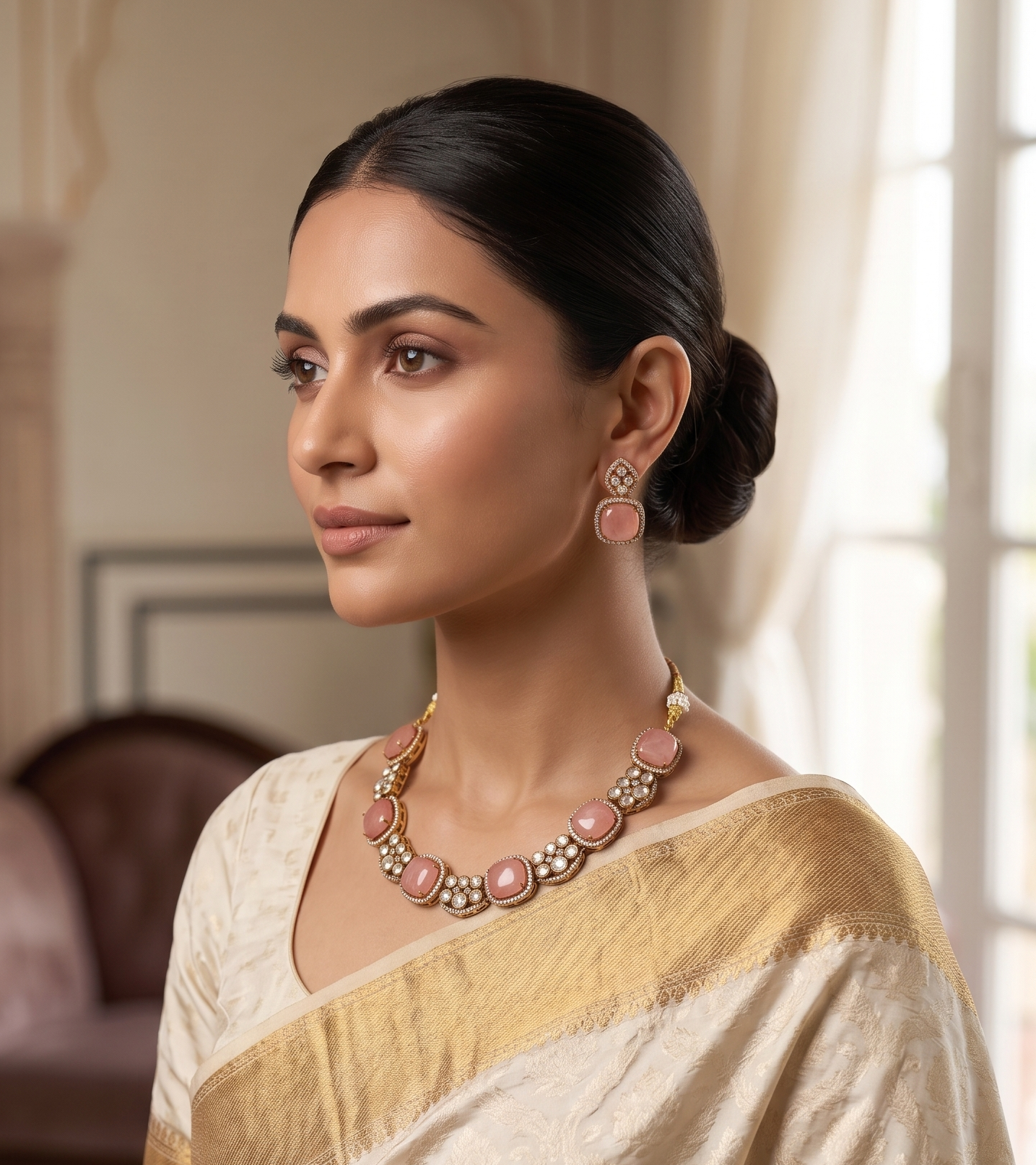 Royal Peach Cabochon & Polki Necklace Set with Matching Earrings | Ratna Riwaz