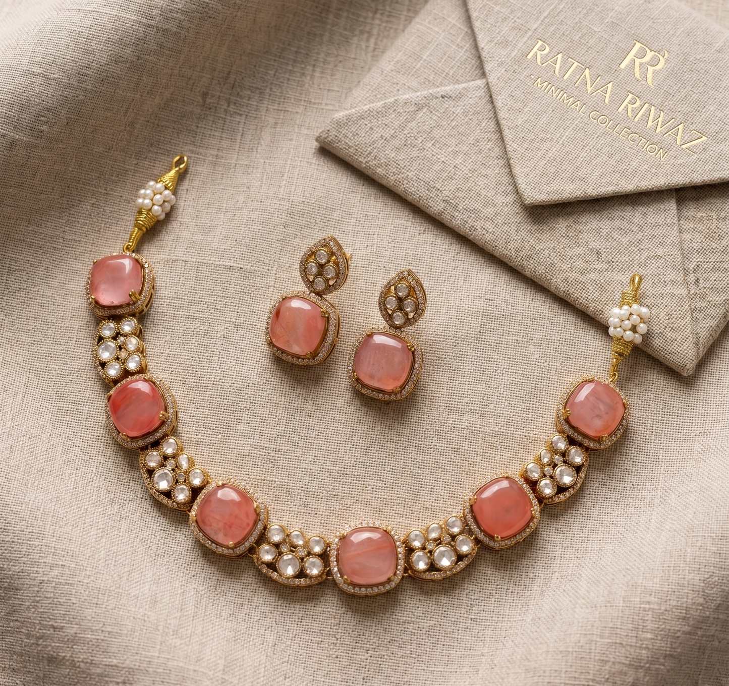Royal Peach Cabochon & Polki Necklace Set with Matching Earrings | Ratna Riwaz