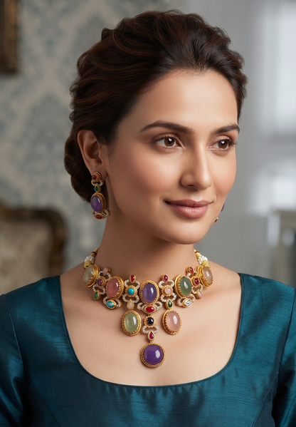 Royal Sabyasachi-Inspired Multitone Polki and Gemstone Interchangeable Choker Necklace Set