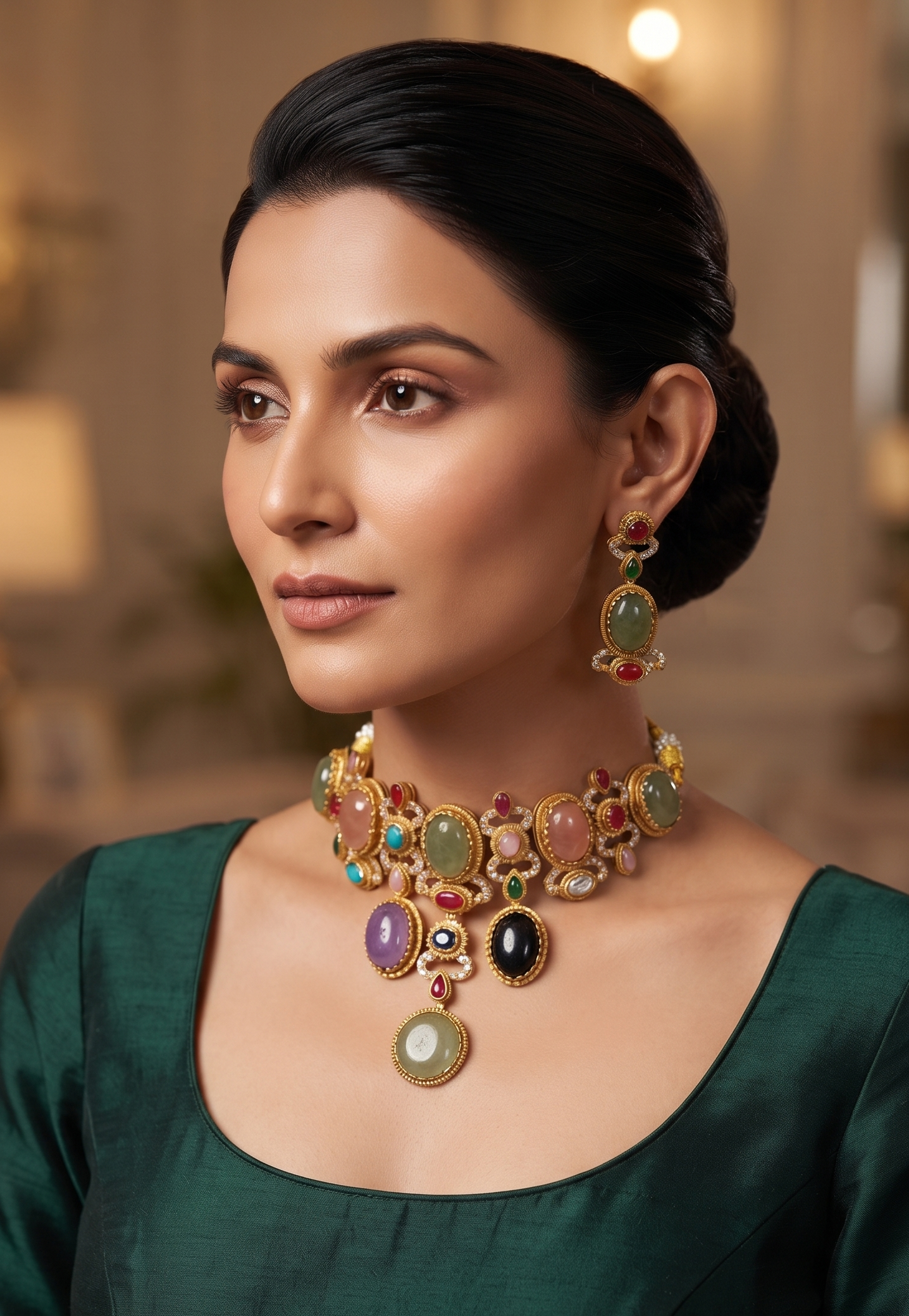 Royal Sabyasachi-Inspired Multitone Polki and Gemstone Interchangeable Choker Necklace Set