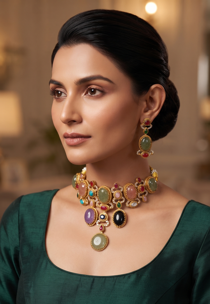 Royal Sabyasachi-Inspired Multitone Polki and Gemstone Interchangeable Choker Necklace Set