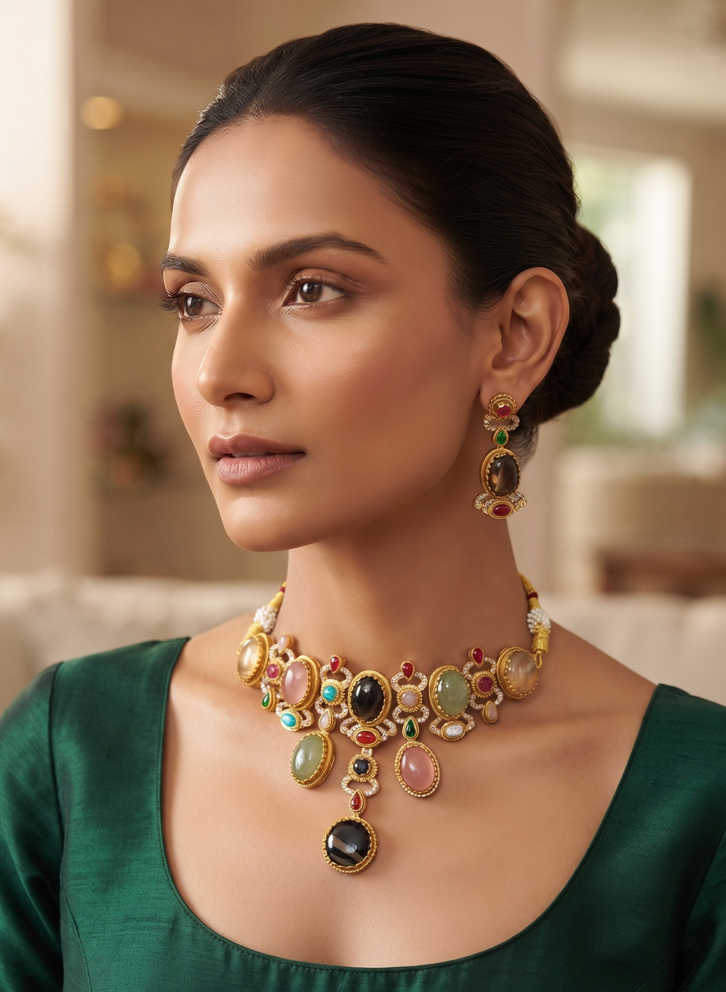 Royal Sabyasachi-Inspired Multitone Polki and Gemstone Interchangeable Choker Necklace Set