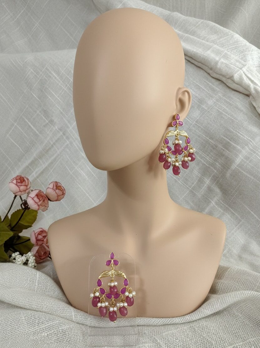 Royal pink Stone Chandbali Earrings – Handcrafted Festive Wear Jewellery