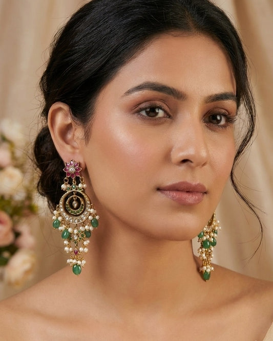 Jadau Kundan & Pearl Chandbali Earrings.Traditional Ruby & Emerald Stone