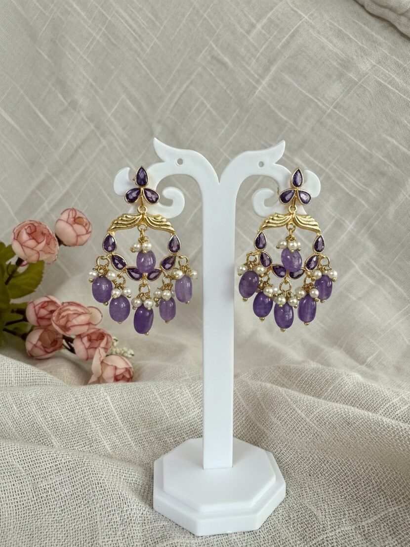 Royal Purple Stone Chandbali Earrings – Handcrafted Festive Wear Jewellery