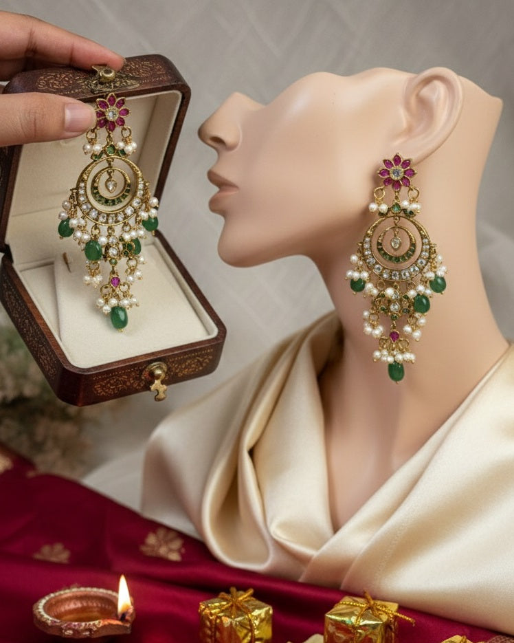 Jadau Kundan & Pearl Chandbali Earrings.Traditional Ruby & Emerald Stone