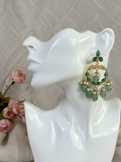 Mint Green Stone Chandbali Earrings – Handcrafted Festive Wear Jewellery
