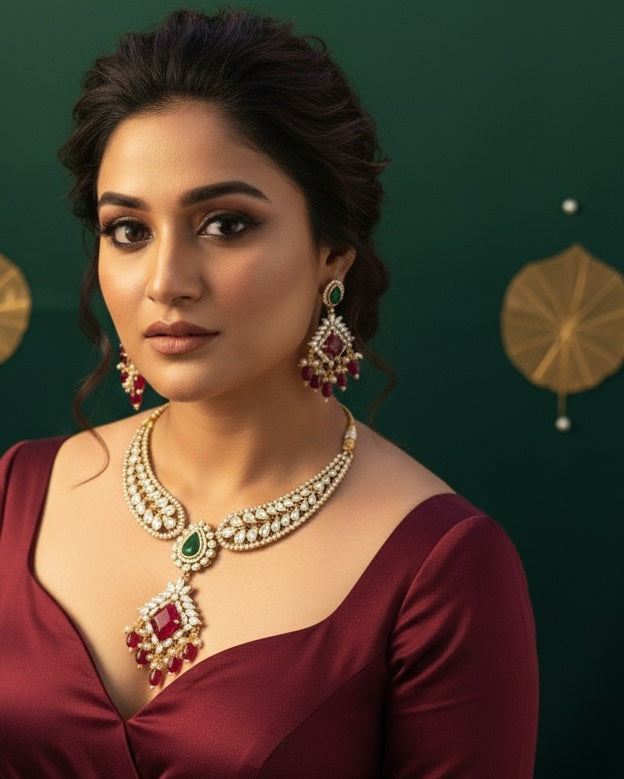 Royal Gold-Plated Teardrop Necklace Set with Ruby Red Centerpiece & Emerald Accents