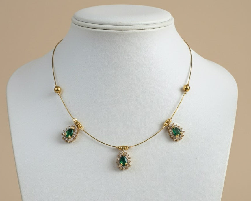 3-Stone Green Gemstone Floating Necklace with Crystal Halos and Invisible String